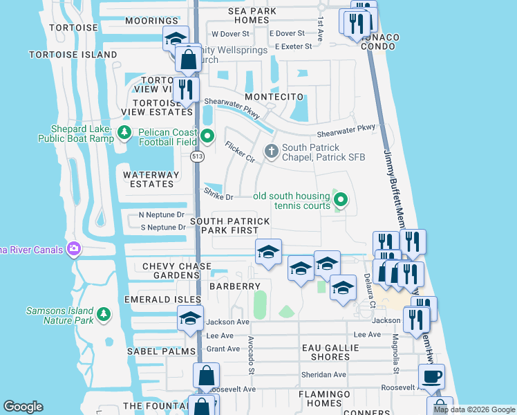 map of restaurants, bars, coffee shops, grocery stores, and more near 144 Bomarc Lane in Satellite Beach