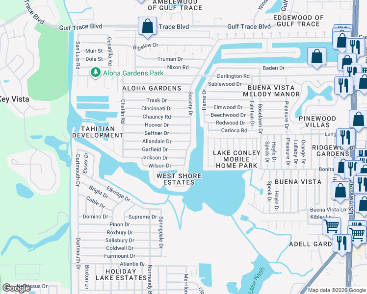 map of restaurants, bars, coffee shops, grocery stores, and more near 3541 Garfield Drive in Holiday