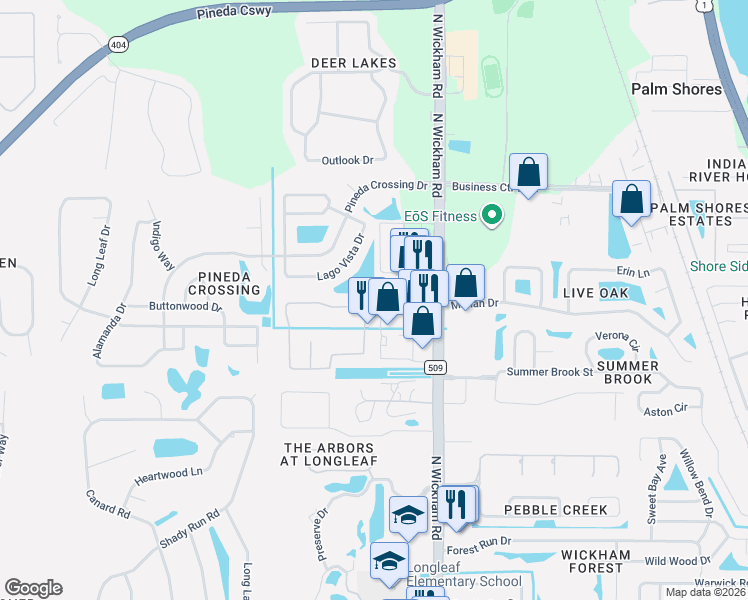 map of restaurants, bars, coffee shops, grocery stores, and more near 3020 Constellation Drive in Melbourne