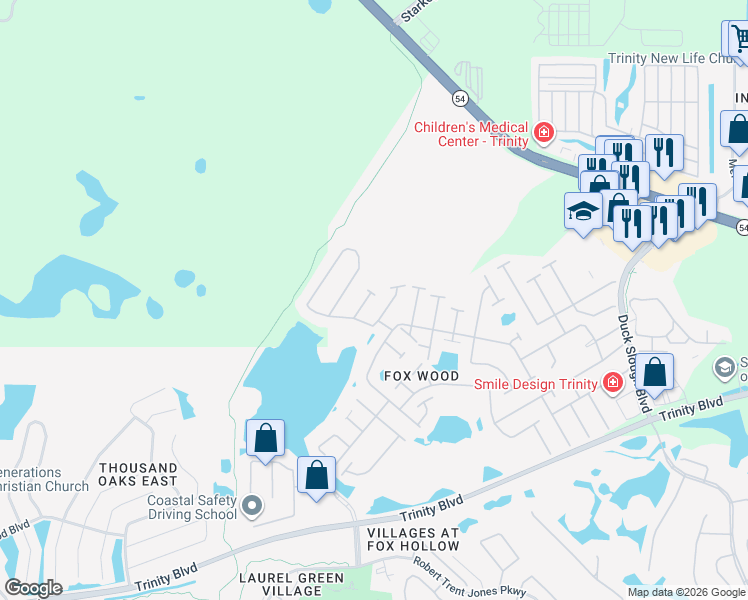 map of restaurants, bars, coffee shops, grocery stores, and more near 2103 Larchwood Court in Trinity