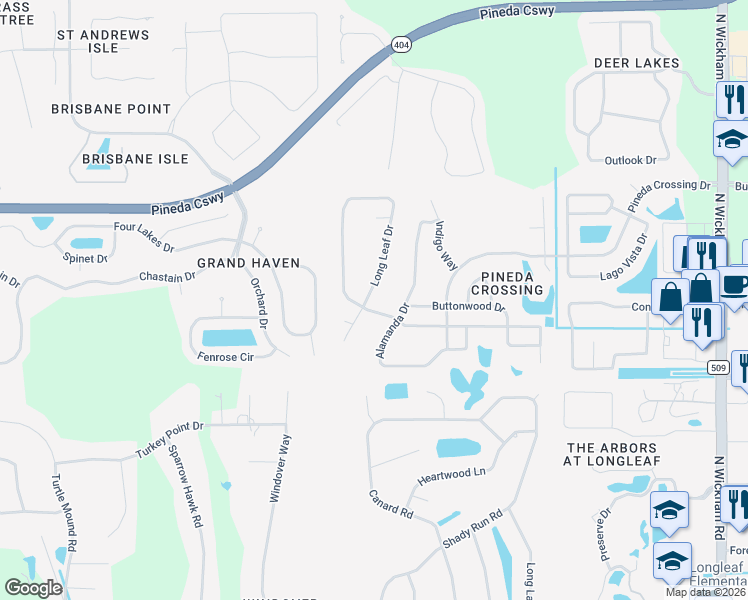 map of restaurants, bars, coffee shops, grocery stores, and more near 4373 Long Leaf Drive in Melbourne