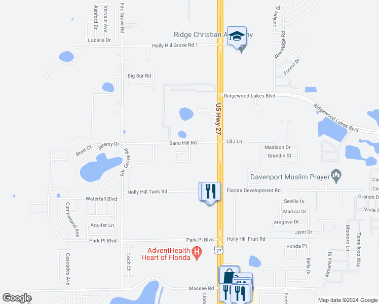 map of restaurants, bars, coffee shops, grocery stores, and more near 2752 Sand Hill Point Circle in Davenport