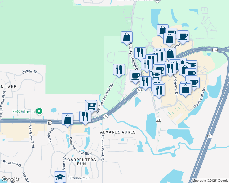 map of restaurants, bars, coffee shops, grocery stores, and more near 2300 Tapestry Park Drive in Land O' Lakes