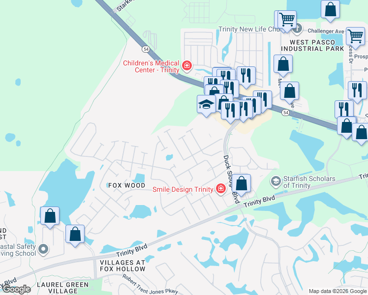 map of restaurants, bars, coffee shops, grocery stores, and more near 10507 Gooseberry Court in Trinity