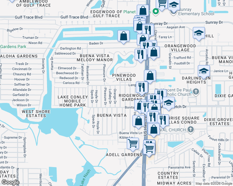 map of restaurants, bars, coffee shops, grocery stores, and more near 2110 Orange Drive in Holiday