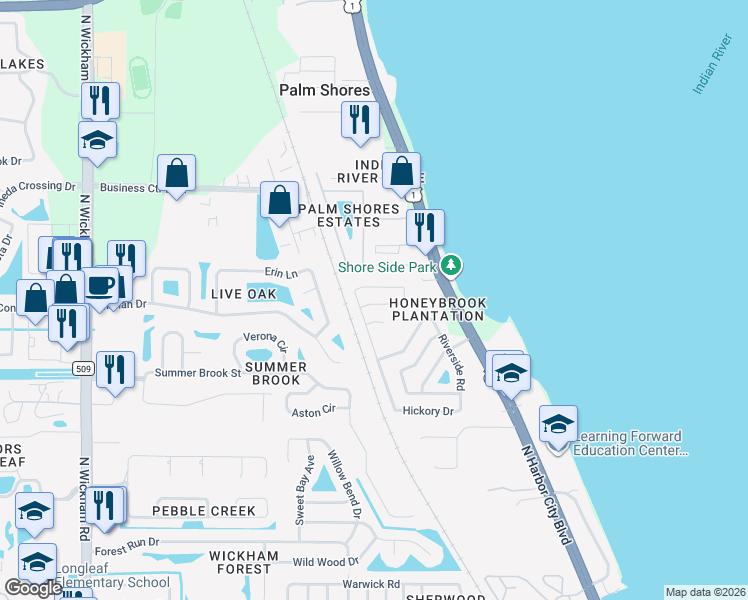 map of restaurants, bars, coffee shops, grocery stores, and more near 2350 High Ridge Road in Melbourne