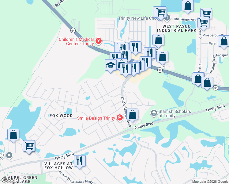 map of restaurants, bars, coffee shops, grocery stores, and more near 10648 Gooseberry Court in Trinity
