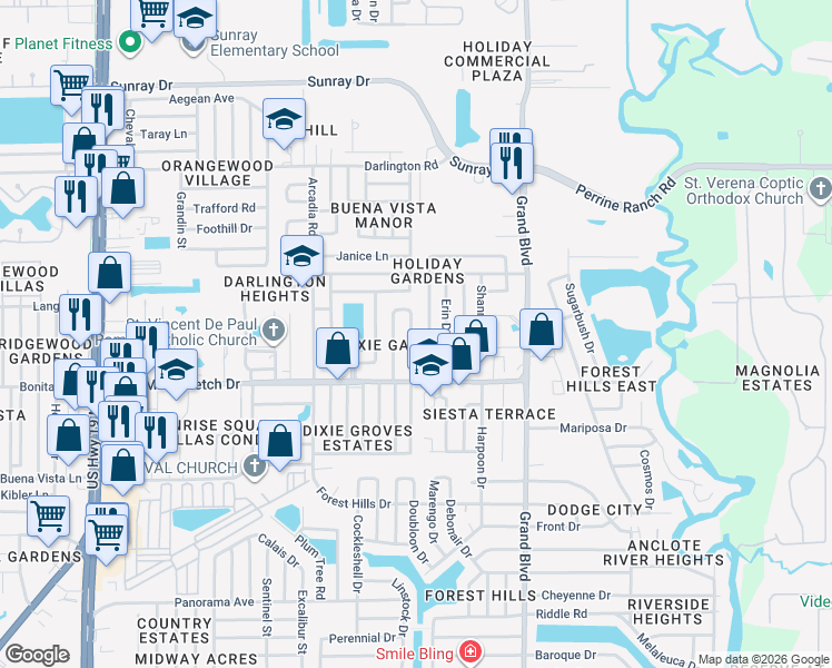map of restaurants, bars, coffee shops, grocery stores, and more near 2159 Dixie Garden Loop in Holiday