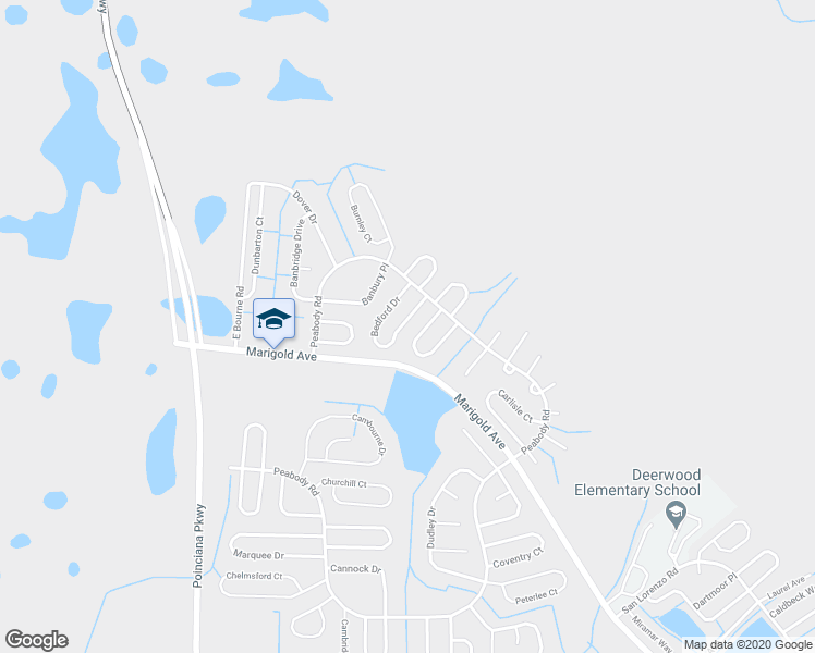 map of restaurants, bars, coffee shops, grocery stores, and more near 215 Bedford Drive in Kissimmee
