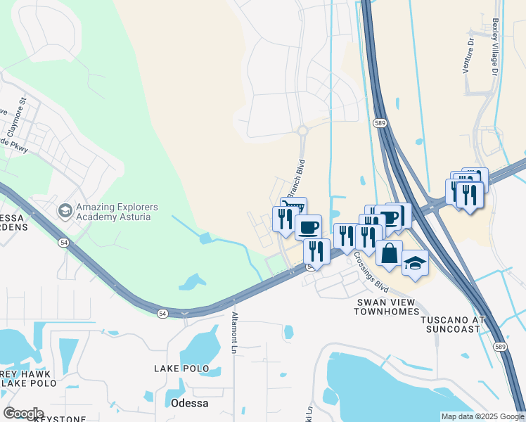 map of restaurants, bars, coffee shops, grocery stores, and more near South Branch Boulevard in Odessa