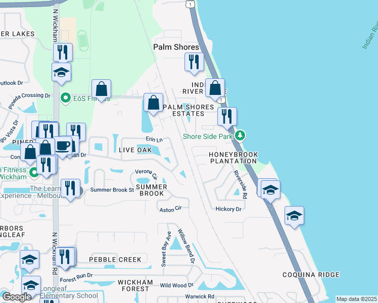map of restaurants, bars, coffee shops, grocery stores, and more near 4970 Hidden Creek Road in Melbourne