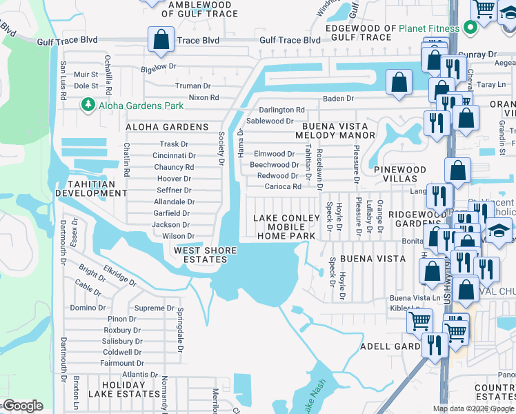 map of restaurants, bars, coffee shops, grocery stores, and more near 2116 Kona Drive in Holiday