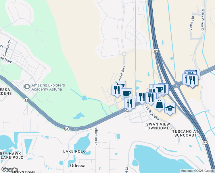 map of restaurants, bars, coffee shops, grocery stores, and more near South Branch Boulevard in Odessa