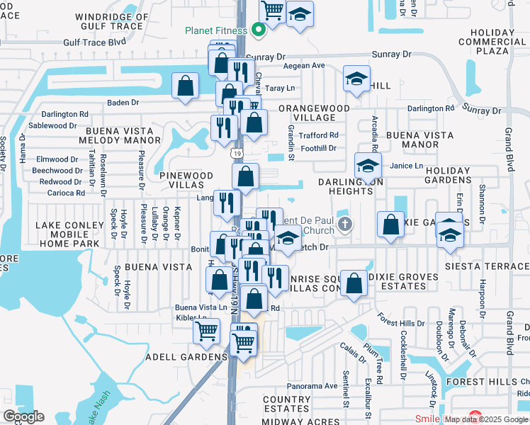 map of restaurants, bars, coffee shops, grocery stores, and more near 2107 Calusa Trail in Holiday