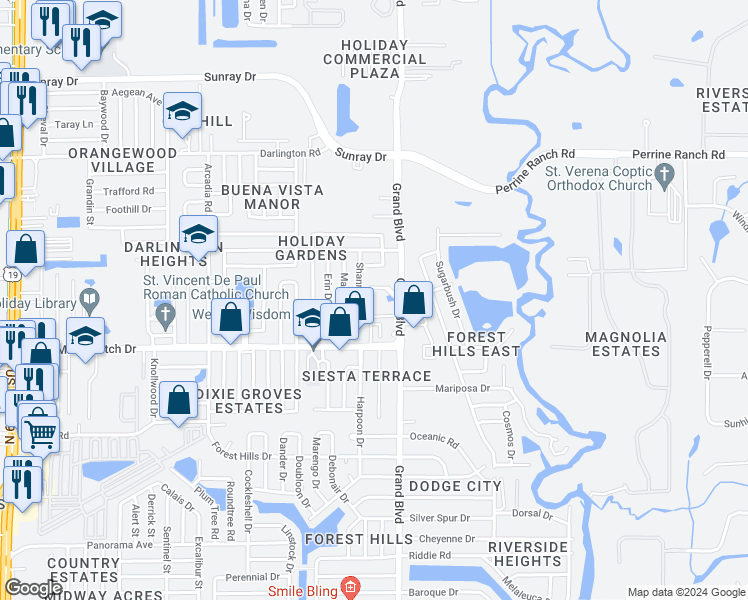 map of restaurants, bars, coffee shops, grocery stores, and more near 2127 Grand Boulevard in Holiday