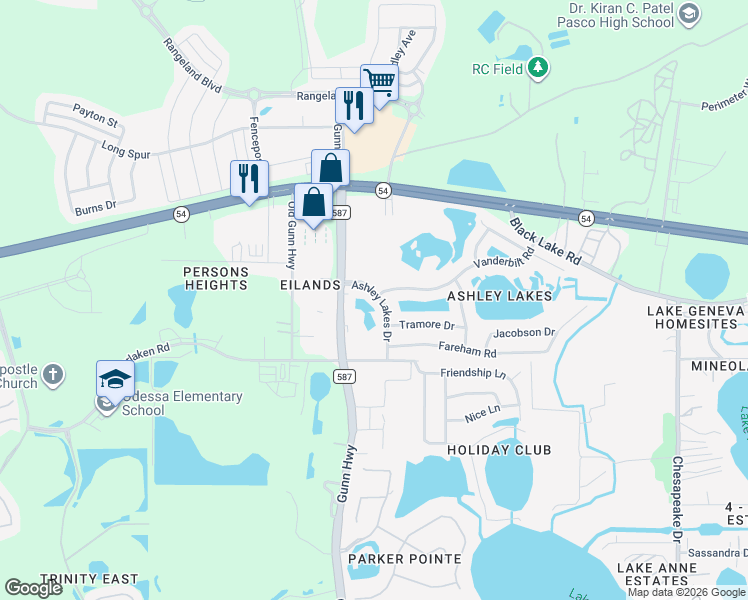 map of restaurants, bars, coffee shops, grocery stores, and more near 2193 Mullins Way in Odessa