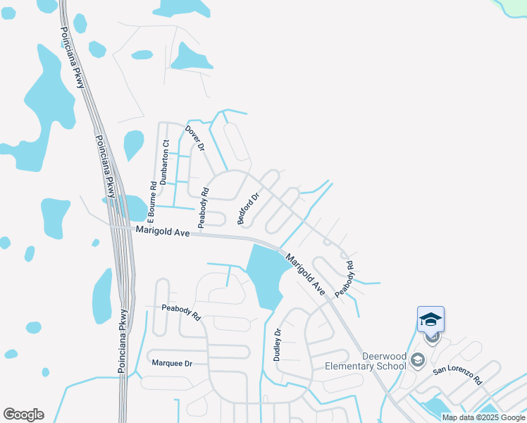 map of restaurants, bars, coffee shops, grocery stores, and more near 215 Bedford Drive in Kissimmee