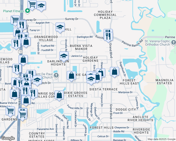 map of restaurants, bars, coffee shops, grocery stores, and more near 2151 Dixie Garden Loop in Holiday