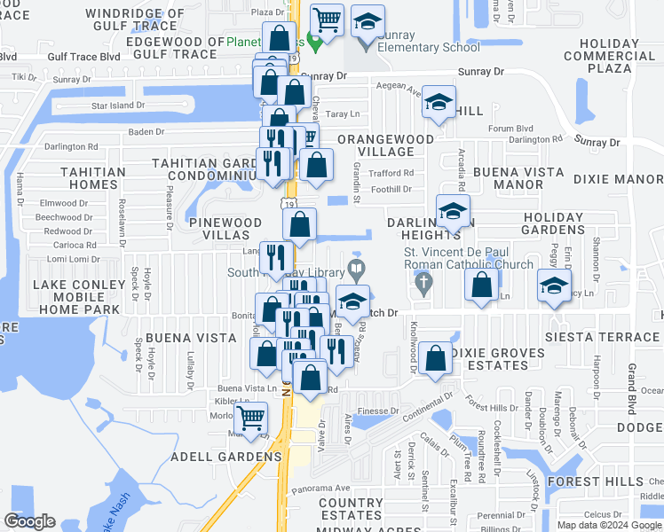 map of restaurants, bars, coffee shops, grocery stores, and more near 2120 Calusa Trail in Holiday