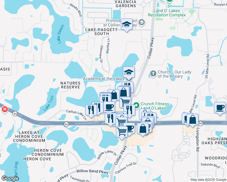 map of restaurants, bars, coffee shops, grocery stores, and more near 22743 Preakness Boulevard in Land O' Lakes