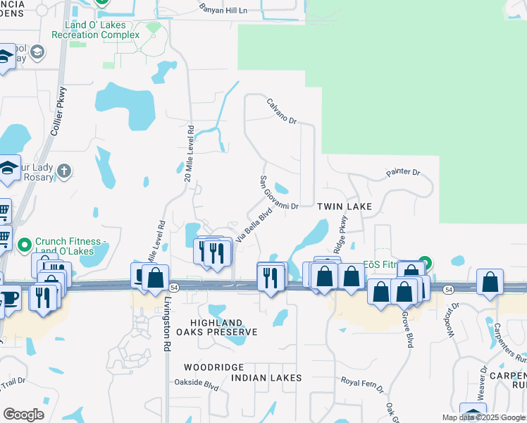 map of restaurants, bars, coffee shops, grocery stores, and more near 2266 Via Bella Boulevard in Land O' Lakes