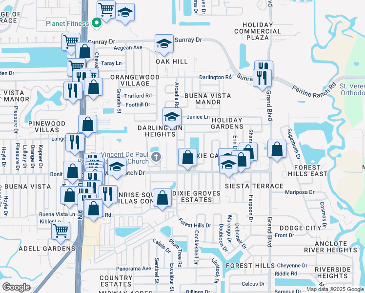 map of restaurants, bars, coffee shops, grocery stores, and more near 2100 Pamela Drive in Holiday