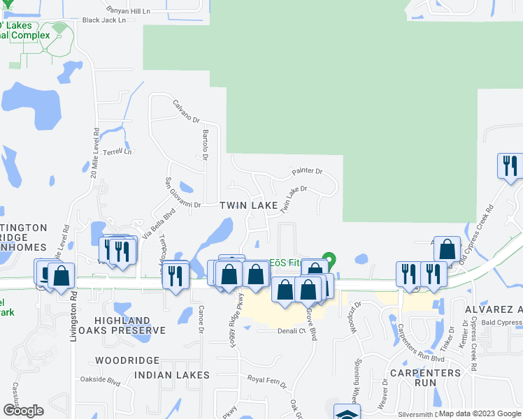map of restaurants, bars, coffee shops, grocery stores, and more near 2253 Tioga Drive in Land O' Lakes