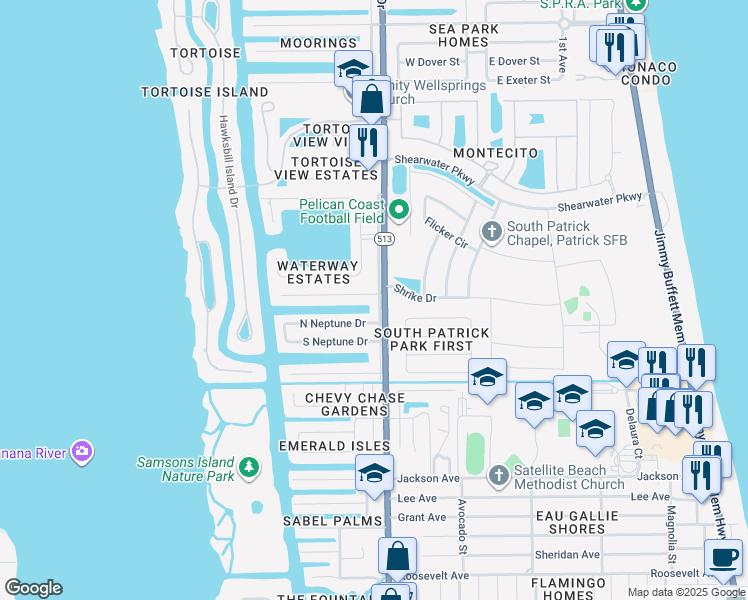 map of restaurants, bars, coffee shops, grocery stores, and more near 403 North Neptune Drive in Satellite Beach