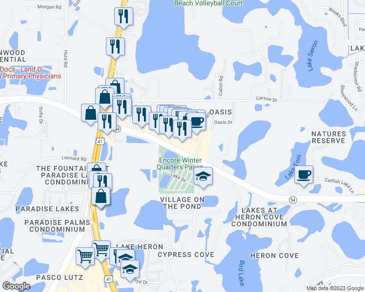 map of restaurants, bars, coffee shops, grocery stores, and more near 21617 Village Lakes Shopping Center Drive in Land O' Lakes