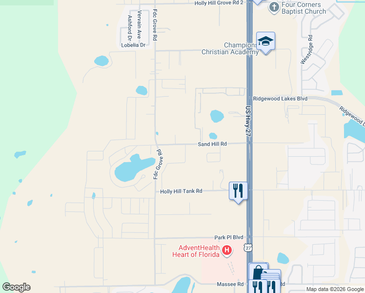 map of restaurants, bars, coffee shops, grocery stores, and more near 2639 Sand Hill Road in Davenport