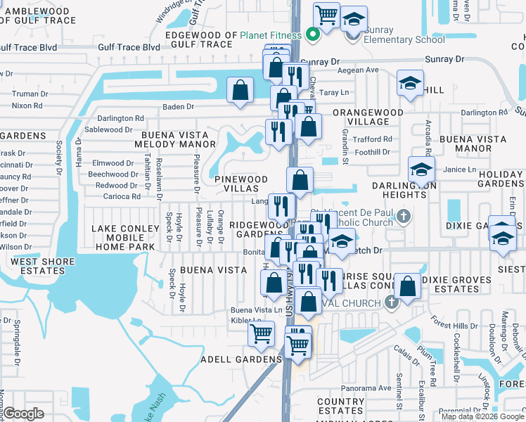 map of restaurants, bars, coffee shops, grocery stores, and more near 2102 Holiday Drive in Holiday