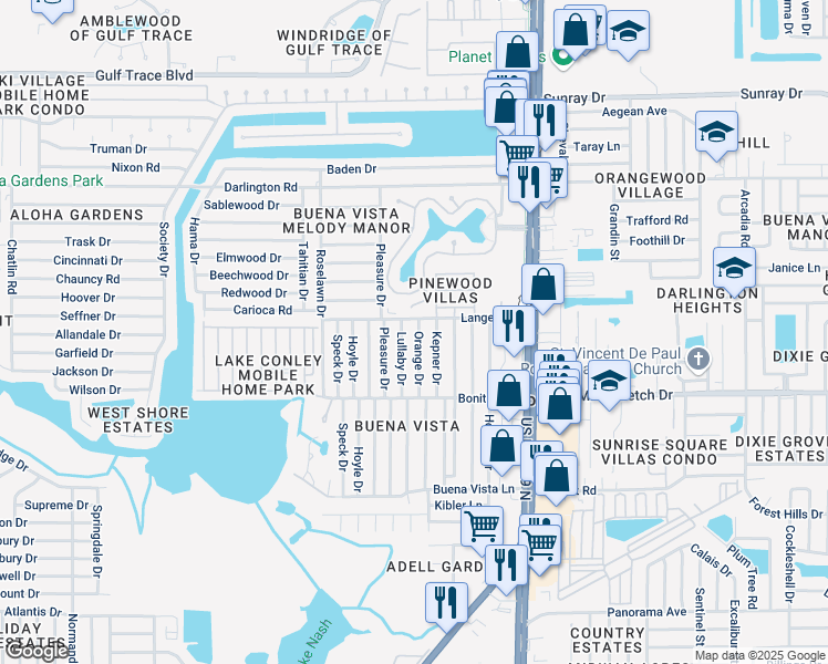 map of restaurants, bars, coffee shops, grocery stores, and more near 2105 Orange Drive in Holiday