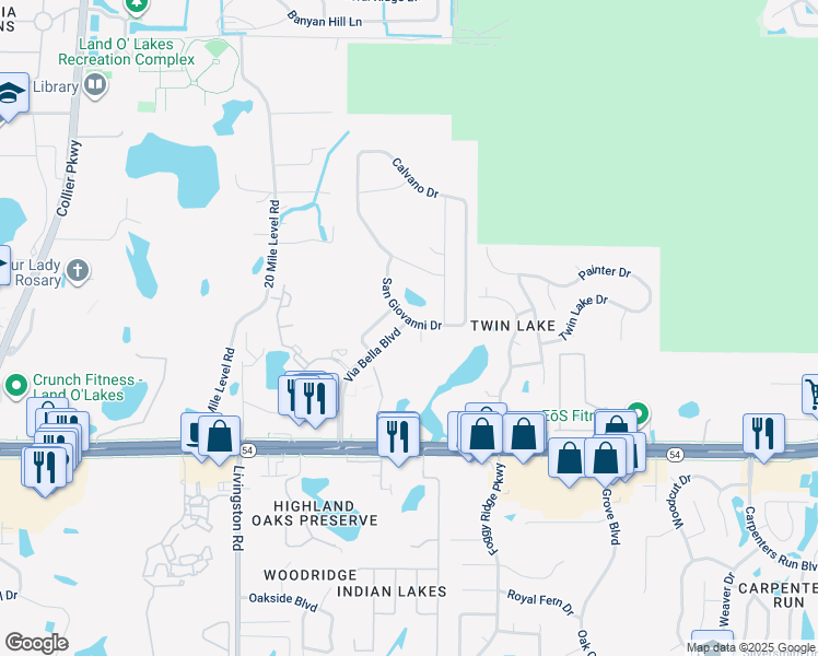map of restaurants, bars, coffee shops, grocery stores, and more near 2326 Via Bella Boulevard in Land O' Lakes