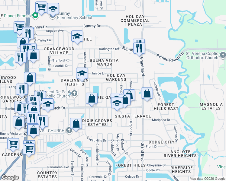 map of restaurants, bars, coffee shops, grocery stores, and more near 2162 Dixie Garden Loop in Holiday