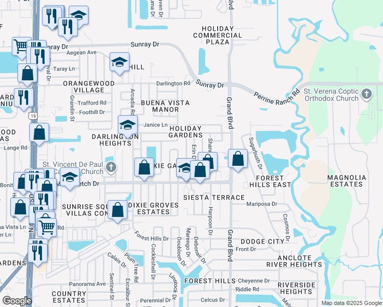 map of restaurants, bars, coffee shops, grocery stores, and more near 2100 Erin Drive in Holiday