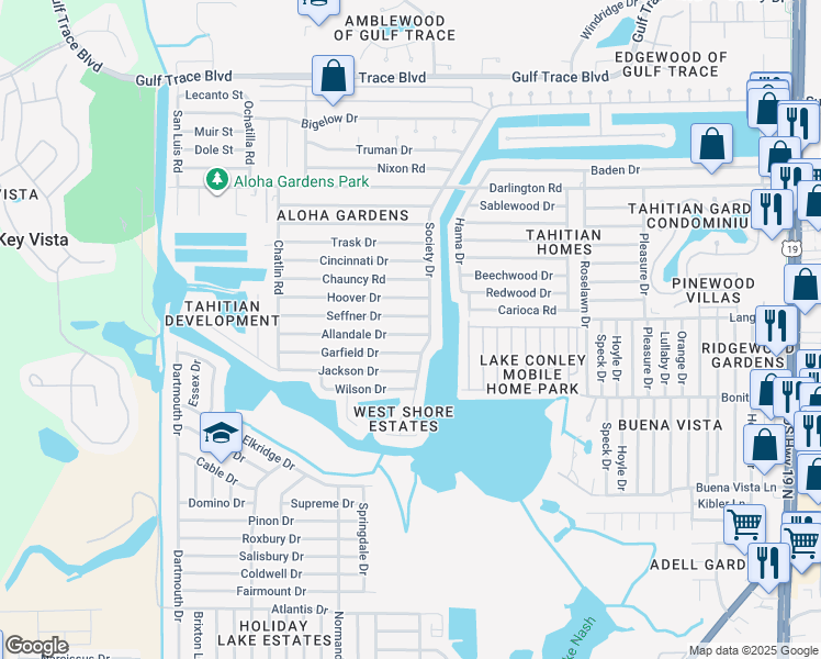 map of restaurants, bars, coffee shops, grocery stores, and more near 3541 Garfield Drive in Holiday
