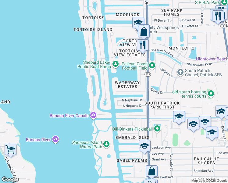 map of restaurants, bars, coffee shops, grocery stores, and more near 466 Atlantis Drive in Satellite Beach