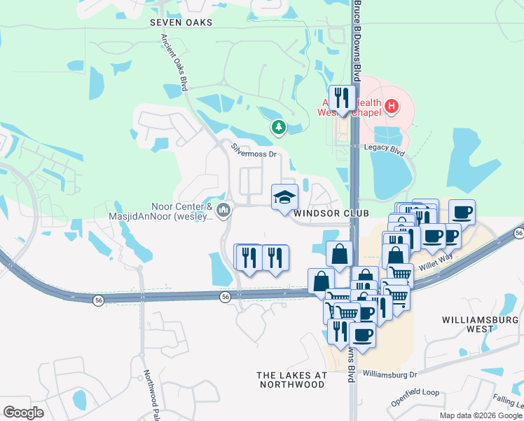 map of restaurants, bars, coffee shops, grocery stores, and more near 27356 Cashford Circle in Wesley Chapel