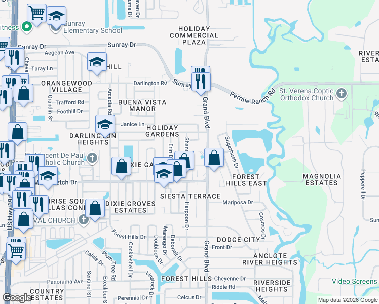 map of restaurants, bars, coffee shops, grocery stores, and more near 2100 Shannon Drive in Holiday
