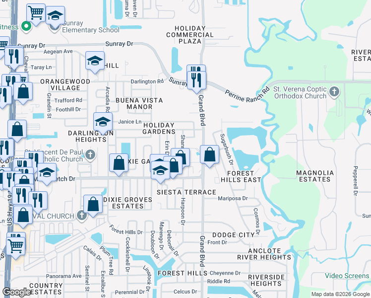 map of restaurants, bars, coffee shops, grocery stores, and more near 2128 Shannon Drive in Holiday