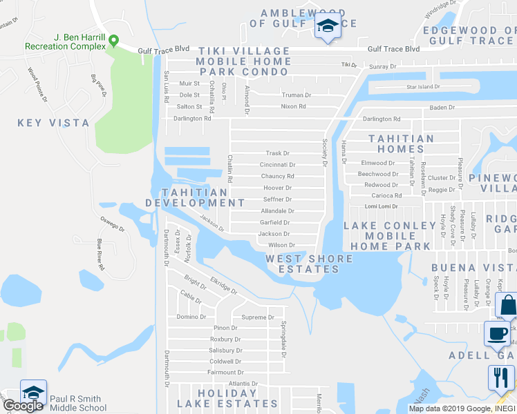 map of restaurants, bars, coffee shops, grocery stores, and more near 3343 Allandale Drive in Holiday