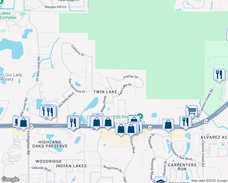 map of restaurants, bars, coffee shops, grocery stores, and more near 2304 Tioga Drive in Land O' Lakes