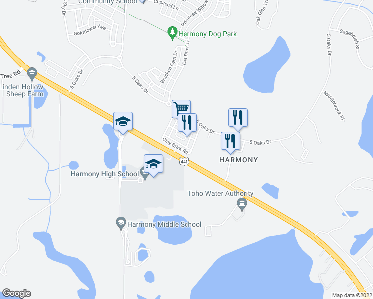 map of restaurants, bars, coffee shops, grocery stores, and more near 3597 Clay Brick Road in Osceola County