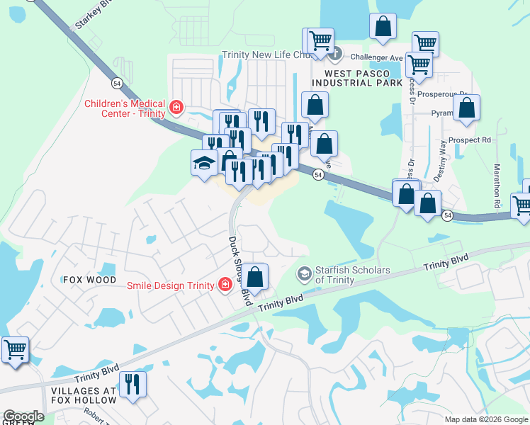 map of restaurants, bars, coffee shops, grocery stores, and more near 2154 Duck Slough Boulevard in New Port Richey