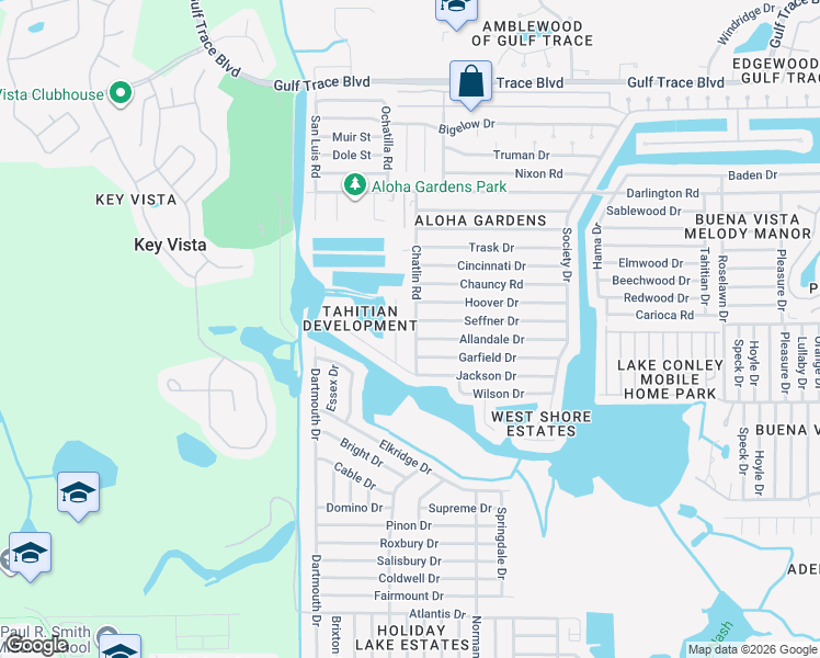 map of restaurants, bars, coffee shops, grocery stores, and more near 2211 Harrison Drive in Holiday