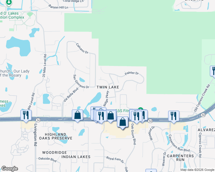 map of restaurants, bars, coffee shops, grocery stores, and more near 2347 Foggy Ridge Parkway in Land O' Lakes