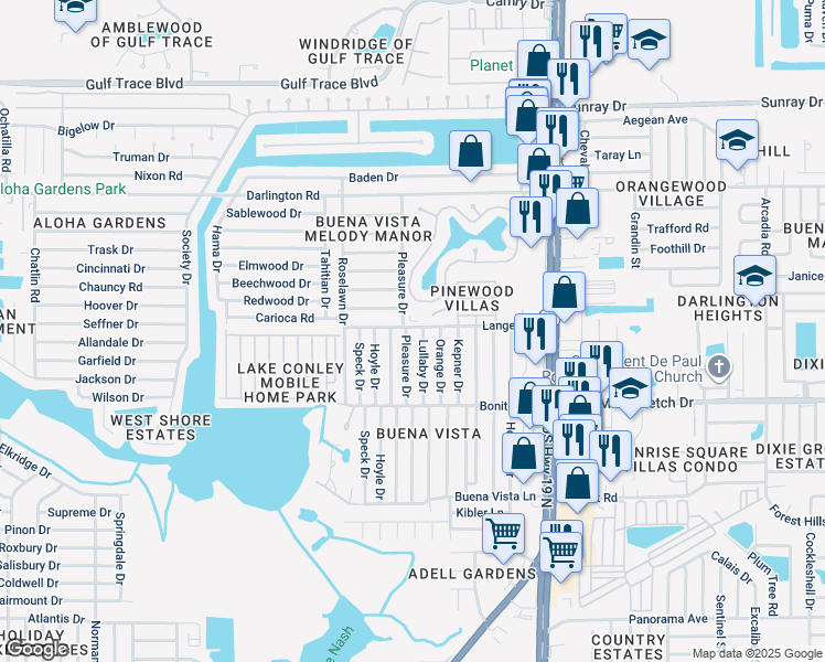 map of restaurants, bars, coffee shops, grocery stores, and more near 2142 Pleasure Drive in Holiday