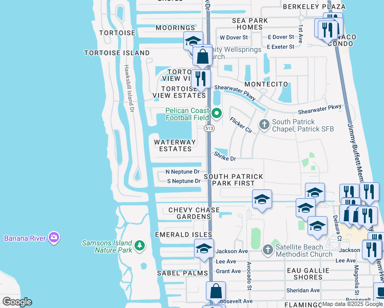 map of restaurants, bars, coffee shops, grocery stores, and more near 415 Atlantis Drive in Satellite Beach