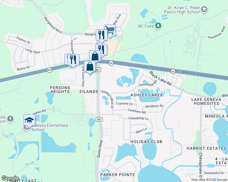 map of restaurants, bars, coffee shops, grocery stores, and more near 13623 Vanderbilt Road in Odessa