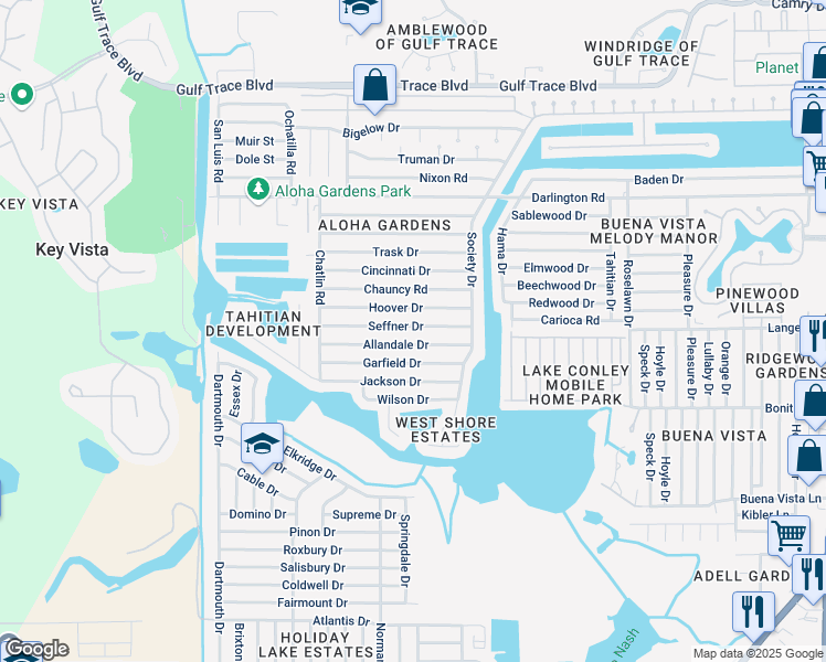 map of restaurants, bars, coffee shops, grocery stores, and more near 3446 Seffner Drive in Holiday